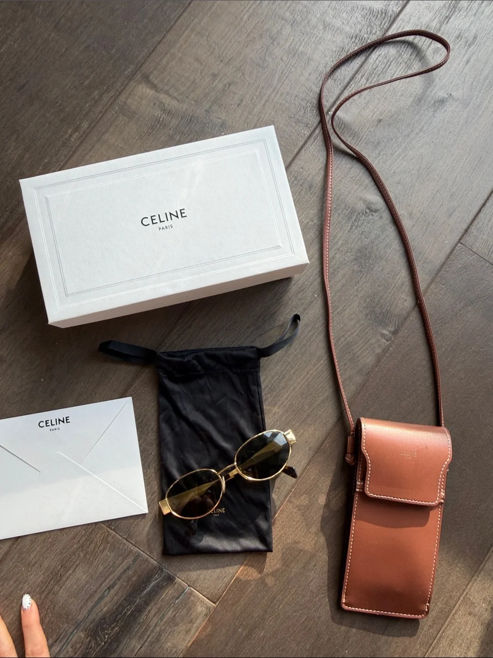 Celine Gold Sunglasses with Brown Leather Crossbody Pouch